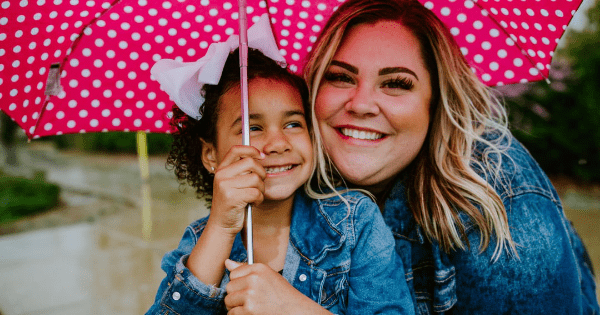 Young girl holding a polka dot umbrella while her mom smiles beside her.
