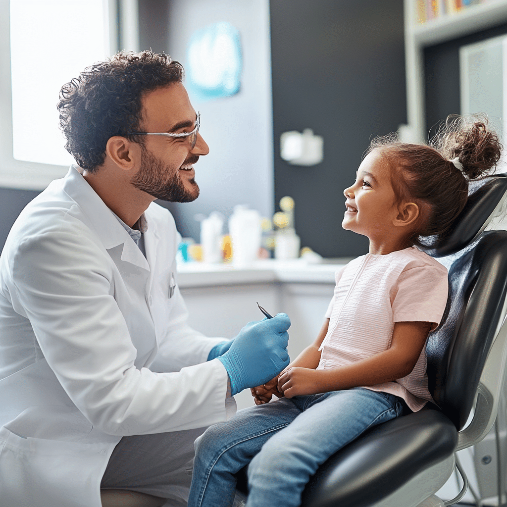 A person in a white coat, smiling and interacting with a child, who is sitting in a dental chair, in a dental office.